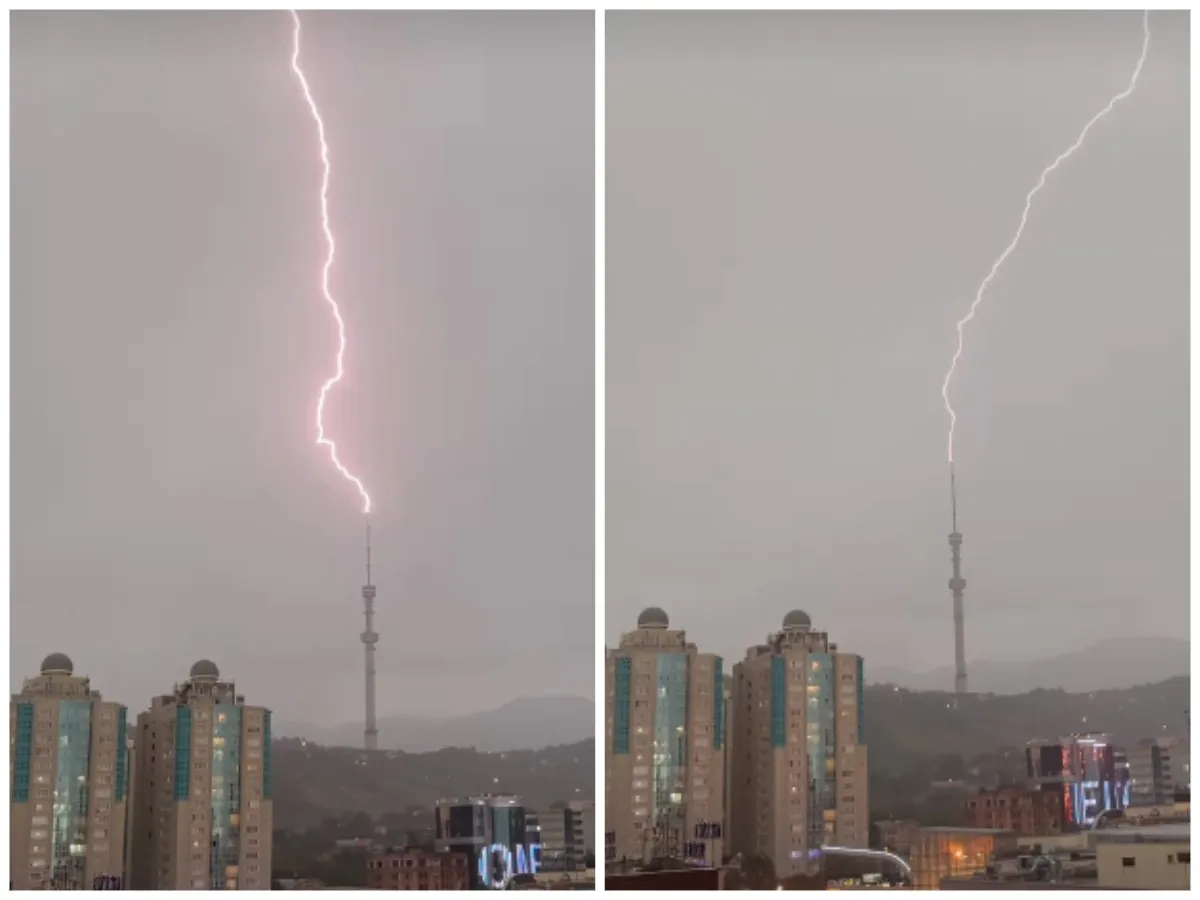 Молния вновь ударила в телебашню на Кок-Тобе