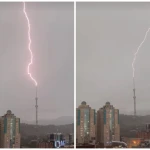 Молния вновь ударила в телебашню на Кок-Тобе