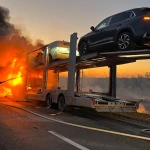 Автовоз и три легковые машины сгорели на трассе в Актюбинской области