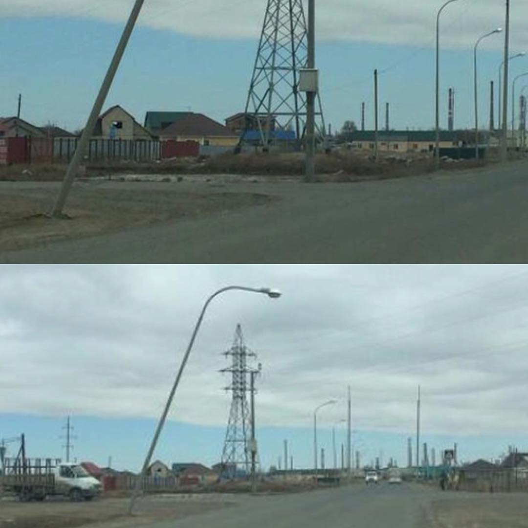 В пригороде Атырау бетонный столб грозит упасть на проезжую часть