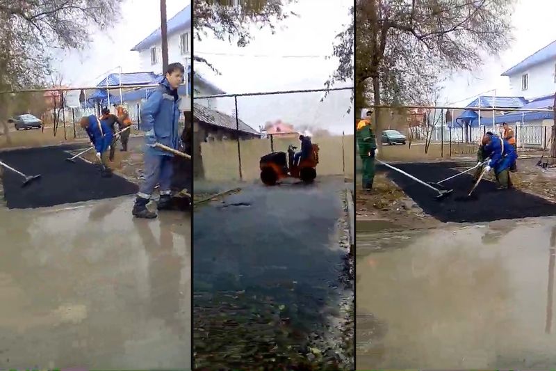 В Уральске асфальт на тротуары кладут прямо в лужи (видео)