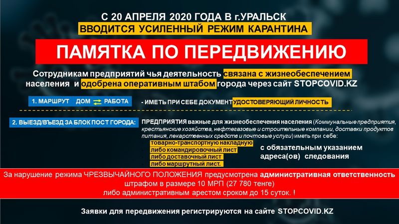 Усиленный режим карантина введут с 20 апреля в Уральске