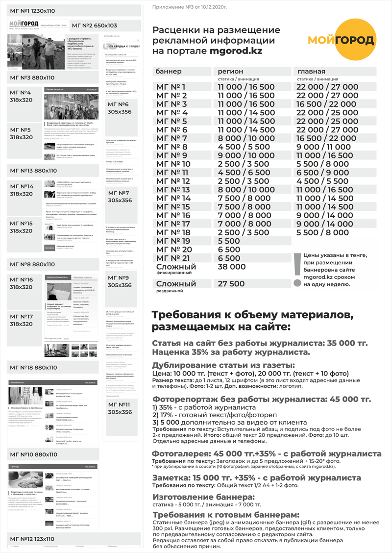Прайс–лист на размещение информации от кандидатов, участвующих в выборах на должность акимов городов районного значения, сел и сельских округов Республики Казахстан