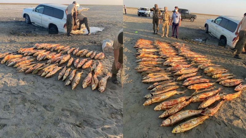 Гружённый осетром внедорожник застрял на песчаном берегу моря в Атырау
