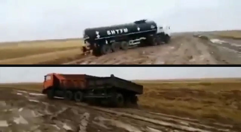Большегрузы застревают в грязи. В ЗКО после дождя вновь размыло трассу